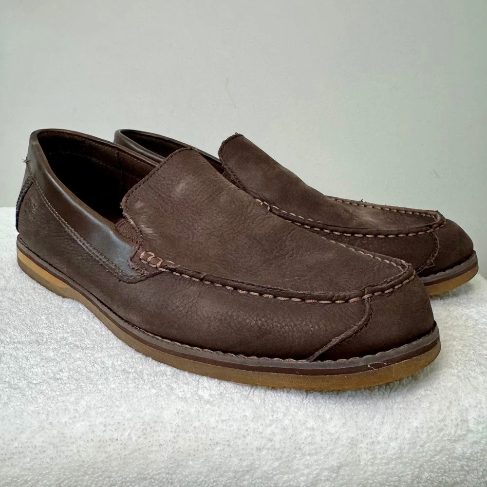 Timberland Men Dark Brown Leather Slip On Loafer Shoes‎ Size 10